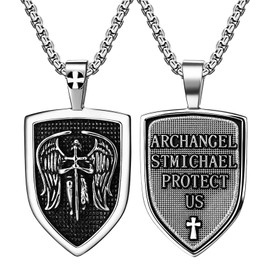 Rofusn St. Michael Archangel Shield Necklace: Mens Punk Silver Stainless Steel Religious Protection Medal Amulet Pendant Biker Jewelry Gifts for Easter Birthday, Stainless Steel, No Gemstone