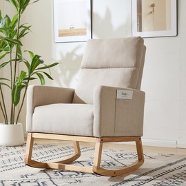 SAETSFEG Rocking Chair,Modern Glider with Storage Pockets,Comfortable Linen Fabric High Back Nursery Chair with Wood Legs for Baby Room,Living Room,Bedroom,Beige
