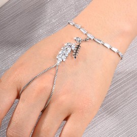 QSKISS Adjustable 16K Silver Plated Dainty Hand Chain Bracelet with Rhinestone CZ Leaf Dangling Design Secure Ajustable Ball Clasp for All Hand Sizes, Elegant Finger Jewelry for Any Occasion