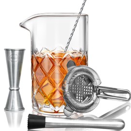 LIGHTEN LIFE Cocktail Mixing Glass Set,Bar Mixing Set with 20oz Crystal Thick Bottom Glass,Spoon, Jigger,Strainer and Muddle,5 Pieces Cocktail Mixing Glass Kits Perfect for Amateurs and Bartenders