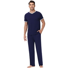 WiWi Mens Pajamas Set Short Sleeve Sleepwear Knit Nightwear 2 Pieces Viscose from Bamboo Loungewear Sets S-XXL, Navy, Small