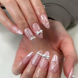 Qsnidy Elegant Silk Ribbon Bow Press on Nails Medium Almond Fake Nails with Pink Pearlescent French Tips, Glazed False Nail Tips Full Cover Stick on Nails Acrylic Glue on Nails for Women, 24 Nails Kit