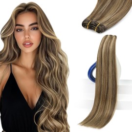 Sunny Hair Weft Hair Extensions Human Hair 18 Inch Sew in Highlights Long Hand-Tied Bundles Dark Brown Mix Caramel Blonde Add Volume Can be Styled Natural Look 100G