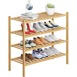 4 Tier Bamboo Shoe Rack Storage Organizer for Closet, Multifunctional Stackable Free Standing Shoe Shelf Organizer for Small Space,Entryway,Hallway,Bathroom 27"x11"x26"(Natural, 4 Tier)