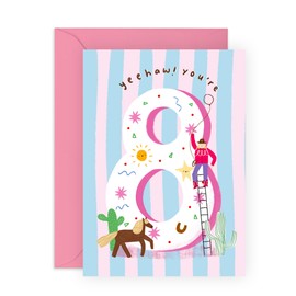 Central 23 Girl Birthday Card 8 year Old - Cowgirl - 8th Birthday Card For Kids - Happy Eighth Birthday Cards For Daughter Granddaughter Niece - Farm Rodeo Theme - Comes With Cute Stickers
