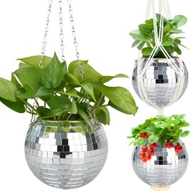 FGBNM FGBNM 4"/6"/8"/9"/10" Disco Ball Planter, Disco Ball Plant Hanger with Hanging Rope, Hanging Chain, Hook, Circle and Extra Mirror Pieces (6" Silver, 1pcs)