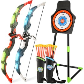 Bow and Arrow Set for Kids, 2-Pack LED Light Up Archery Set with 20 Suction Cup Arrows, Indoor and Outdoor Toy for Boys Girls Age 4-8 8-12 with Standing Target&2 Quivers, Birthday Gift 3-12 Years Old
