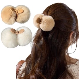 Ouliget Fuzzy Spherical Hair Claw Clips,Cute Small Rabbit Fur Claw Clip for Thick Thin Hair,Elegant Fluffy Faux Fur Hair Clips for Women,French Ponytail Holder Hair Clips,2Pieces