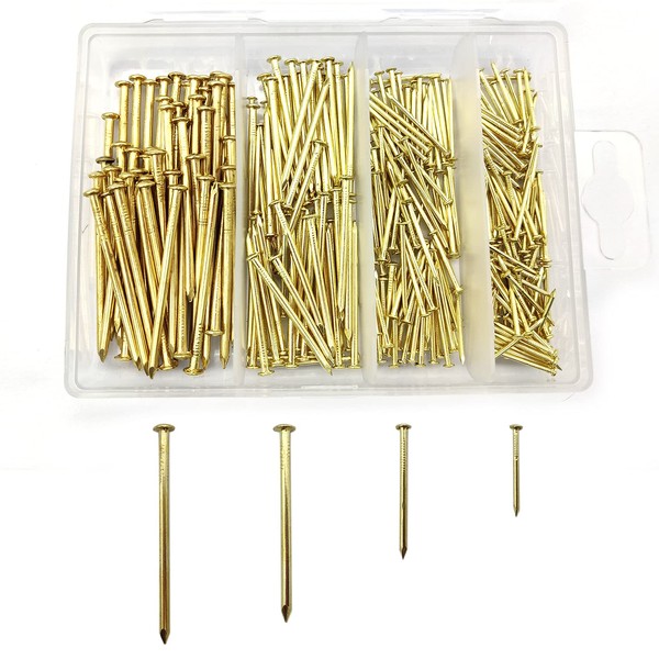 450 Pcs Brass Gold Nails and Pins Assortment, Steel Wall Pins Tacks Nails for Woodworking, Panel Pins for Hanging Picture, Frame, Mirror, Masonry, Furniture - 2 inch,1.5 inch, 0.75 inch, 1 inch