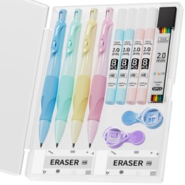 Four Candies Ergonomic Mechanical Pencil Set for Children, 4 Cute Mechanical Pencils 2 mm with 44 HB Pencil Leads, 2 Sharpeners/Erasers, Lead Pencil Set for Writing and Drawing