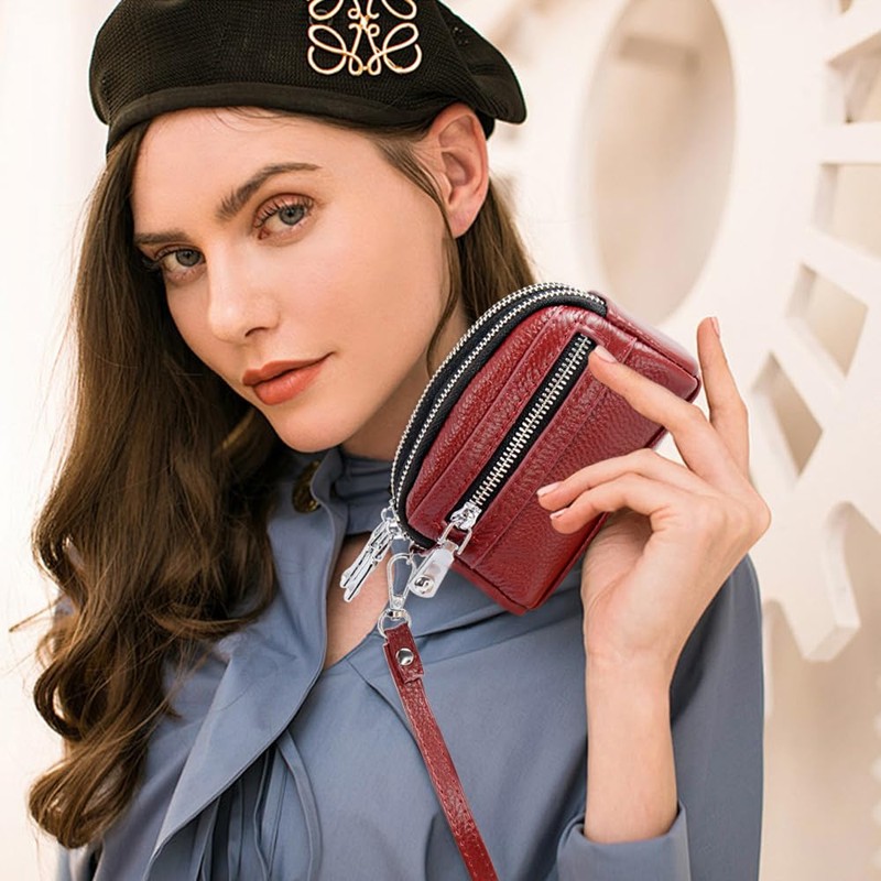 ALLITIC Women Coin Purse Genuine Leather Small Triple Zipper Coin