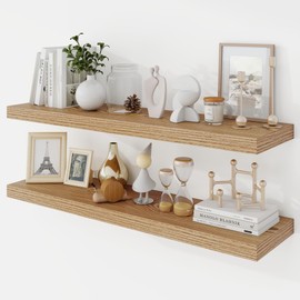 Acovy 36 Inch Floating Shelves, 9.3" Deep Floating Shelf Wall Mounted, 36" Wall Shelves, Rustic Deep Bookshelf, Large Display Shelves & Storage Shelves for Bedroom, Living Room, Light Brown, Set of 2