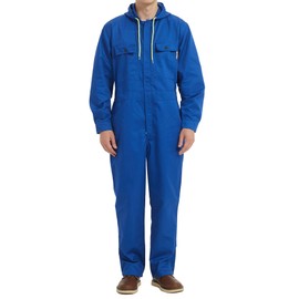 Yukirtiq Mens Cotton Blend Long Sleeve Coverall Multi Pockets Zip Overall Mechanic Work Jumpsuit with Hood, Royal Blue, S