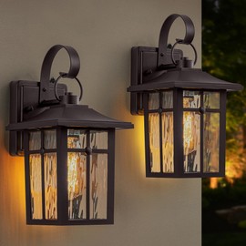 Lawyettle 2 Pack Dusk to Dawn Outdoor Lighting, Oil Rubbed Bronze Exterior Light Fixtures with Ripple Glass, Waterproof Aluminum Porch Lights, Outside Lantern Light for Entryway, Garage, Patio