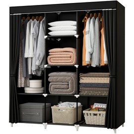 KEKIWE Portable Closet, 51 Inch Wardrobe Closet for Hanging Clothes with 2 Hanging Rods, 8 Storage Organizer Shelves for Bedroom, Durable and Easy to Assemble, Black