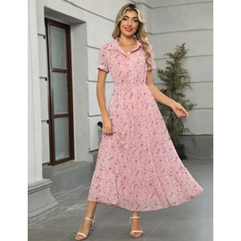 Kranda Women Collared V Neck Button Down Short Sleeve Casual Beach Dress Swing Flowy Chiffon Boho Floral Summer Maxi Dress with Pockets Pink,XX-Large