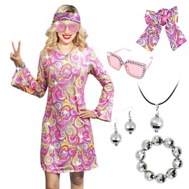 MRYUWB - Vestido disco de 70s, Disfraces para mujeres, collar, aretes, gafas, trajes de cumpleaños de los 60's y 70's, vestido de fiesta, M, rosa