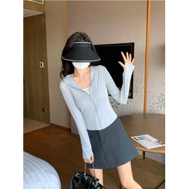 RAKUKOU Women's Rash Guard, UV Protection, Hoodie, Sun Protection, Ice Silk, UPF40+, Thumb Hole, Cool Touch, Sweat Absorbent, Quick Drying, Breathable, gray, XL