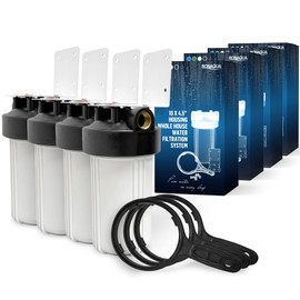High Capacity 10 x 4.5” Whole House Filter Purifier System for Well or City Water, Presser Relief Button, 1” NPT Brass Port, Double O-Ring, Meets NSF Standards & Regulations (White, 4 Sets)