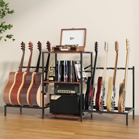 4-in-1 Guitar Stand with Record Player Shelf, 66.92"x17.72"x35", Holds 6–14 Acoustic & Electric Guitars, 3-Tier Vinyl Record Storage Rack with U-Shaped Dividers, Guitar Amp & Accessories Organizer