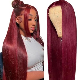 Fopeela 99J Burgundy Lace Front Wig Human Hair (99J straight lace front wigs, 32 Inch)