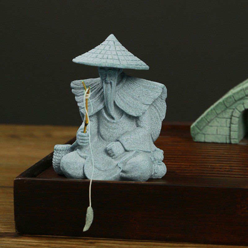 Fisherman Statue Sitting Fishing Old Man Figurine Small Desk Ornament
