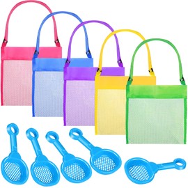 10 Pieces Shell Bag Mesh Seashell Bags Colorful Shell Collecting Bag Mesh Beach Bags with Sand Sifter Shovels Treasures Beach Toy Storage Kids