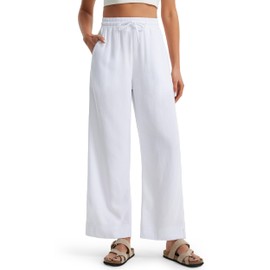 Libin Linen Pants Women Wide Leg Summer Casual Beach Palazzo Pants High Waist Cotton Linen Lounge Travel Work Trousers with Pockets, White,X-Large