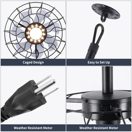 COCOSTAR 15" Outdoor Ceiling Fans with Lights and Remote Control, Waterproof Caged Ceiling Fan with 3 Color LED Light, Portable Hanging Gazebo Fan with Plug in Cord Hook for Patios, Black