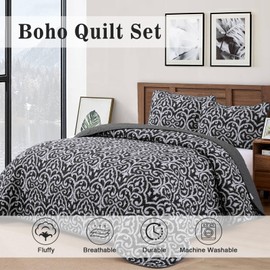 Menghomeus Black Quilt Set Queen Boho Bedspread Coverlet Set 3 Pieces Lightweight Microfiber Bedding Set with 2 Pillow Shams (Queen Size, 96"x90")