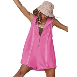 AICHARMWA Women's Zip Up Romper Sleeveless Athletic Hooded Summer Loose Shorts Jumpsuits with Pockets(035-Pink-M)