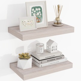 Acovy 16 Inch Floating Shelves, 3D Textured Wood Grain, 16"x9.25"x1.5" Inch Deep Floating Shelves for Wall, Wooden Floating Shelves for Bathroom, Bedroom, Living Room, Washed White