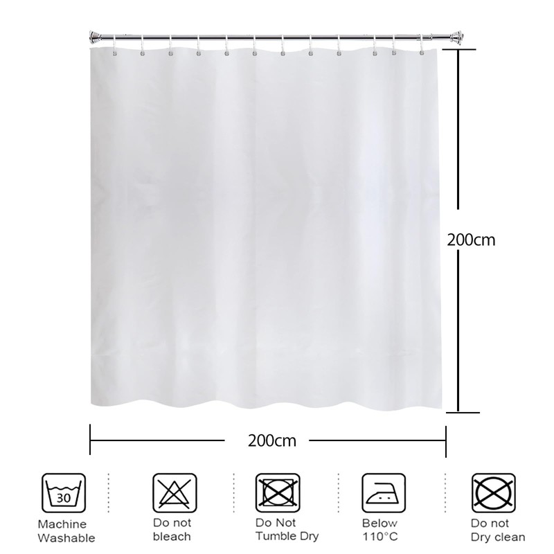 YISURE White Weighted Fabric Shower Curtain 200 drop, Waterproof Shower