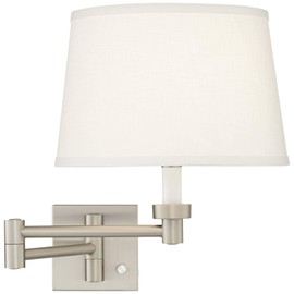 Modern Indoor Swing Arm Wall Lamp Brushed Nickel Plug-in Light Fixture Dimmable White Linen Tapered Drum Shade for Bedroom Bedside House Reading Living Room Home Hallway Dining - Possini Euro Design