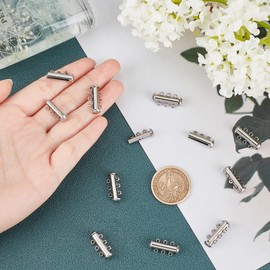PH PandaHall 10 Sets Multilayer Necklace Clasp Stainless Steel Slide Lock Clasps Tube Lock Necklace Clasp Connectors 3-Strand Slide Necklace Clasps for Jewelry Makings 20x10x6.5mm, Hole 1.8mm