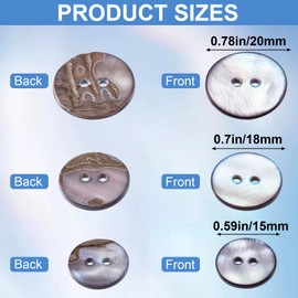 Mxxipp 45pcs Pearl Button with 2 Hole, Natural Mother of Pearl Shell Buttons, 15mm 18mm 20mm Round Button for Sewing Clothes Blazer Suits Shirts- Gray