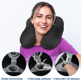 Travel Pillow, Neck Pillow Inflatable for Aeroplane with Ear Plugs, Soft Velvet, Ergonomic Neck Pillow, Travel Pillow, Inflatable for Office, Plane, Car, Travel, Camping, Sleeping Rest Pillow (Black)