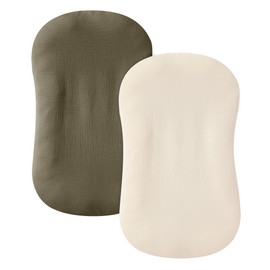 guruixu 2 Pack Muslin Baby Lounger Cover, 100% Cotton Infant Lounger Cover, Soft & Breathable Replacement Cover Fits Newborn Lounger for Baby Boys and Girls (Dark Olive,Cream)