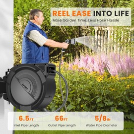 AYURA Retractable Garden Hose Reel, 5/8 inch x 66 ft Water Hose Reel Wall Mounted, UV Resistant Double Shell, Any Length Lock, Slow Auto-Rewind, 180°Swivel Bracket, 10 Pattern Nozzle