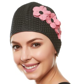 BEEMO Swim Bathing Caps for Women Latex Triple Flowers-Black w/Pink Flowers