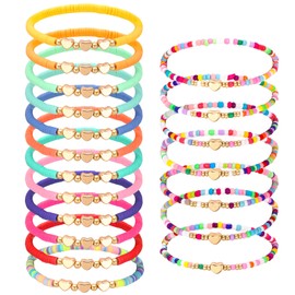 ViEinkaufen 19Pcs Girls Friendship Bracelets Set, Adjustable Elastic Beaded Bracelets with Heart Charms Bohemian Bracelet Jewellery Gifts for Best Friends Teens Women