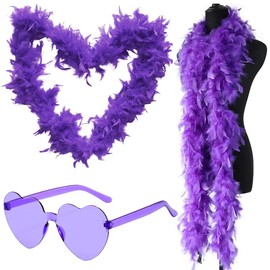 Feather Boa for Women, 2 m Feather Boa with Rimless Heart-Shaped Sunglasses, Feather Boas Accessories, Fluffy Feather Boa, DIY Costume Accessories for Girls, Christmas, Carnival, Dance, Wedding Party