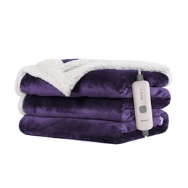 BRILLIO Electric Heated Blanket Flannel & Sherpa 62"x84" Twin Size - 4 Heat Levels, 10H Auto Shut Off, Fast Heating, Cozy and Comfortable, Warm Gifts, Machine Washable - Purple