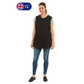 Ladies Plain Colour Piping Design Tabard Apron Overalls Front Pocket Stylish Tabards for Women Casual Aprons for Women Home Kitchen Restaurants Coffee Shops UK Made (Large, Black/Black Piping)