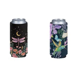 Snilety Dragonfly Slim Beer Can Sleeve for Women Floral Hummingbird Pattern Resuable Cup Covers 2 Pack Can Sleeve Holder Size S