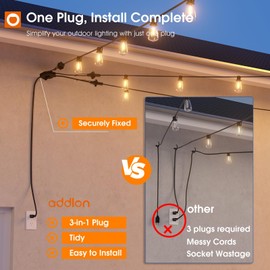 addlon 1-to-3 Extension Cord String Lights - 85FT Total (3x25FT String Lights + 10FT), 39 ST38 LED Vintage Bulbs, Single Plug for Easy Setup, Outdoor Christmas Lights for House Backyard Garden