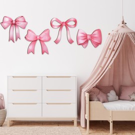 Hoteam 4 Pieces Wooden Pink Bow Wall Decor Coquette Pink Bow Wall Hanging Art Aesthetic Trendy Preppy Bow Wall Decor for Nursery Children Teen Girls Playroom Bedroom Decoration