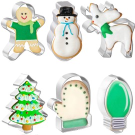 JOB JOL Cookie Cutters 6 PCS, Large Christmas Cookie Cutters, 4'', Gingerbread Man, Christmas Tree, Snowman, Light Bulb, Mitten