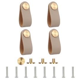 4Pack Leather Drawer Pulls, Hole Leather Drawer Knobs, Double Cabinet Handles with Screws for Kitchen Cabinet Drawers, Closet, Dressers Furniture Handles (Khaki, 96 mm)