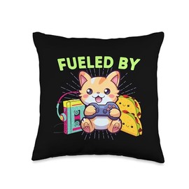 I Love The 80s Gaming Cats Tacos & Kawaii Funny Fueled by Gaming Tacos & The 80s Kawaii Gamer Cat Throw Pillow, 16x16, Multicolor